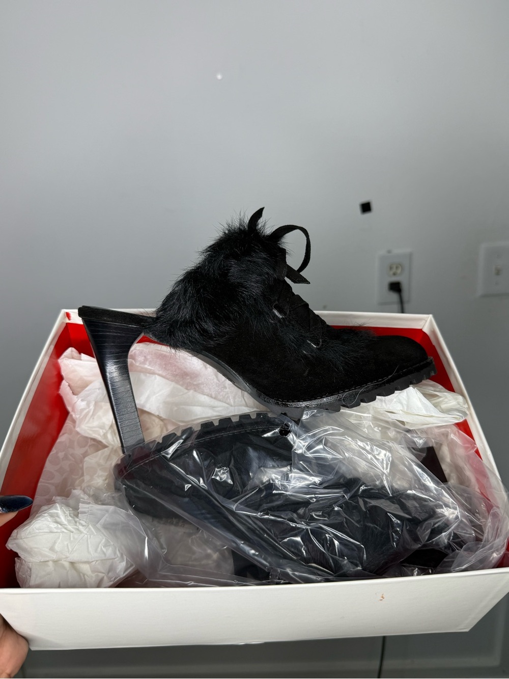 Coach Black Faux-Fur Lace-Up Heeled Ankle Boots